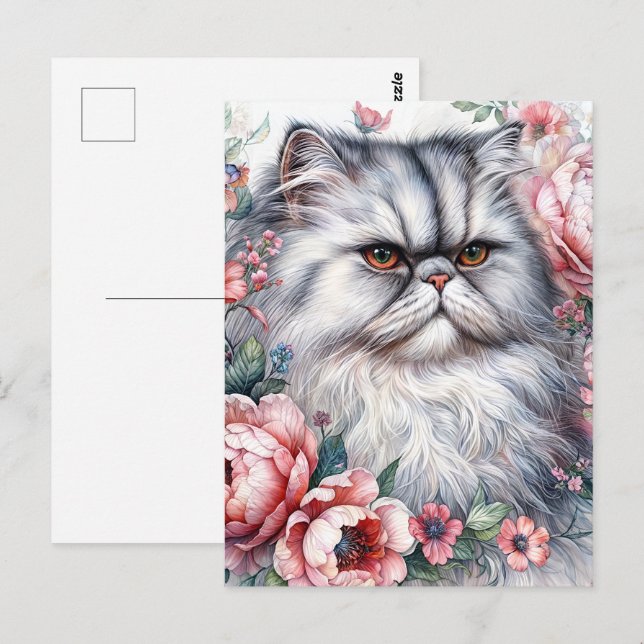 Persian Cat Pink Flowers Watercolor Art Postcard (Front/Back)