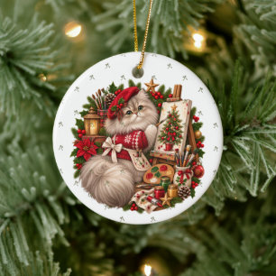 Persian Cat Red Beret Painting Christmas Easel Ceramic Tree Decoration