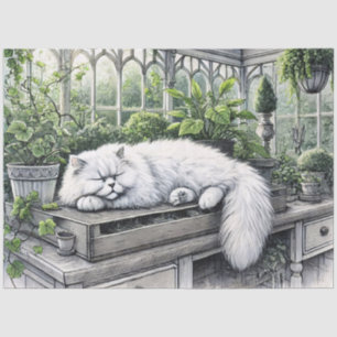 Persian Cat Resting in a Sunlit Greenhouse Tissue Paper