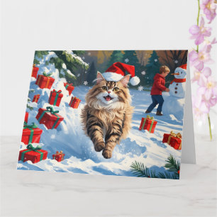 Persian Cat Sitting in Snow with Christmas Hat Card