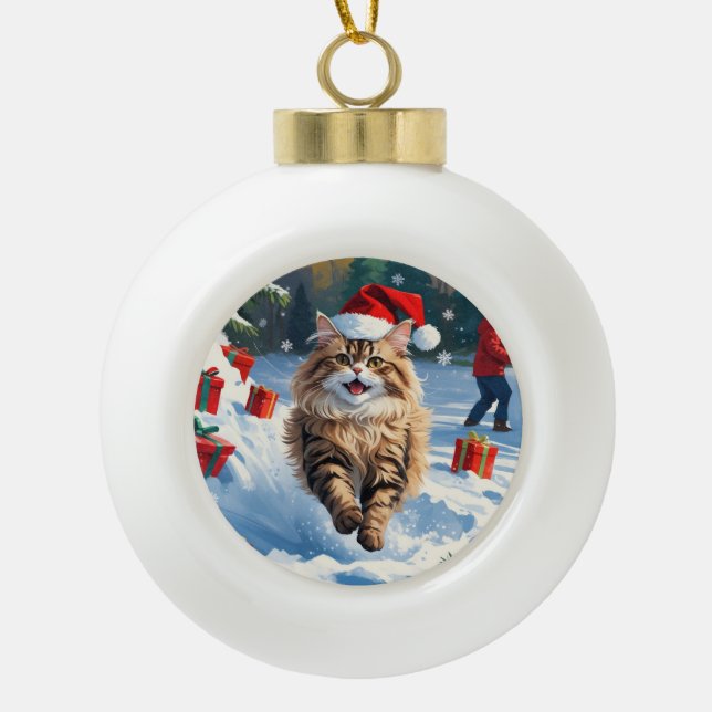 Persian Cat Sitting in Snow with Christmas Hat Ceramic Ball Christmas Ornament (Front)