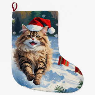 Persian Cat Sitting in Snow with Christmas Hat Large Christmas Stocking