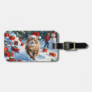 Persian Cat Sitting in Snow with Christmas Hat Luggage Tag