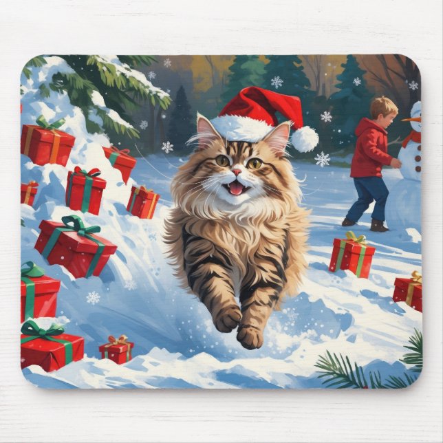 Persian Cat Sitting in Snow with Christmas Hat Mouse Mat (Front)