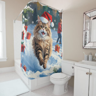 Persian Cat Sitting in Snow with Christmas Hat Shower Curtain