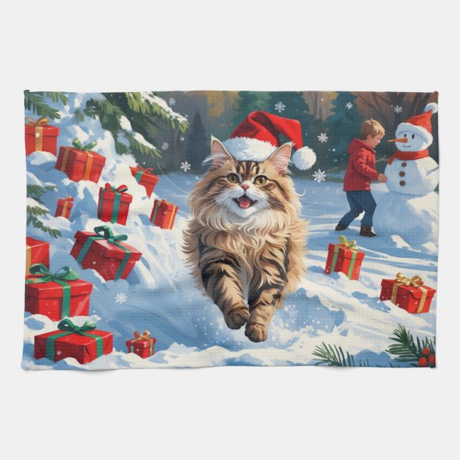 Persian Cat Sitting in Snow with Christmas Hat Tea Towel (Horizontal)