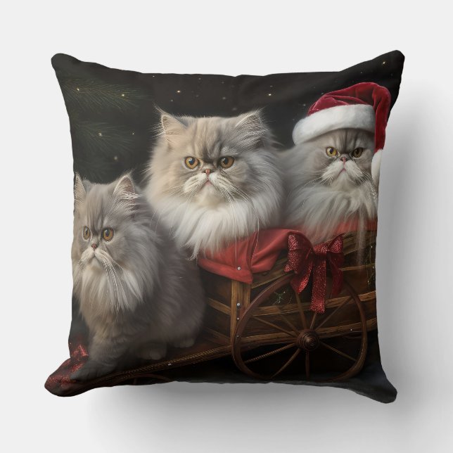 Persian Cat Snowy Sleigh Christmas Decor Cushion (Front)