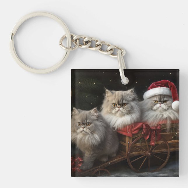Persian Cat Snowy Sleigh Christmas Decor Key Ring (Front)