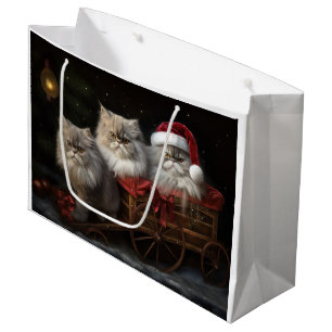 Persian Cat Snowy Sleigh Christmas Decor Large Gift Bag