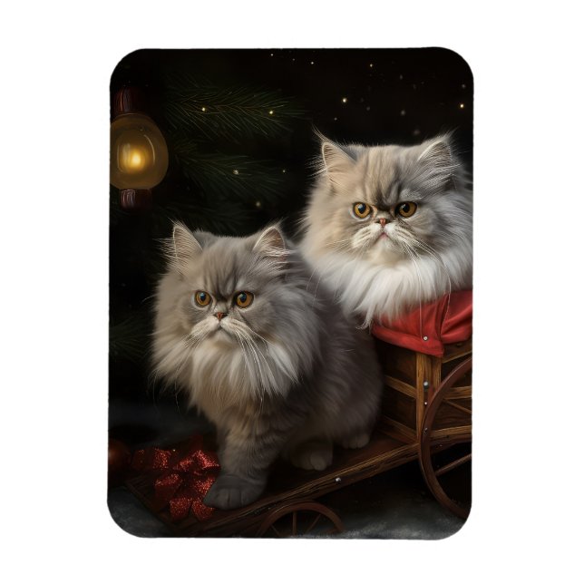 Persian Cat Snowy Sleigh Christmas Decor Magnet (Vertical)