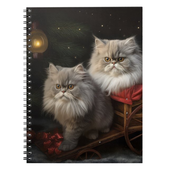 Persian Cat Snowy Sleigh Christmas Decor Notebook (Front)