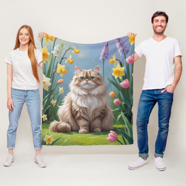Persian Cat Spring Flowers Painting Fleece Blanket (In Situ)