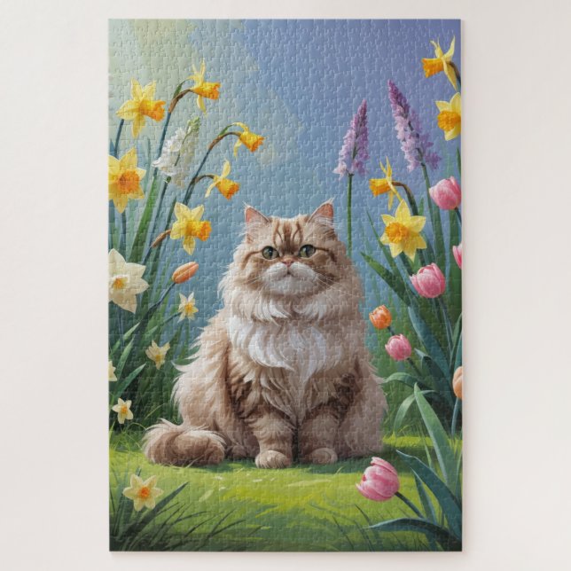 Persian Cat Spring Flowers Painting Jigsaw Puzzle (Vertical)
