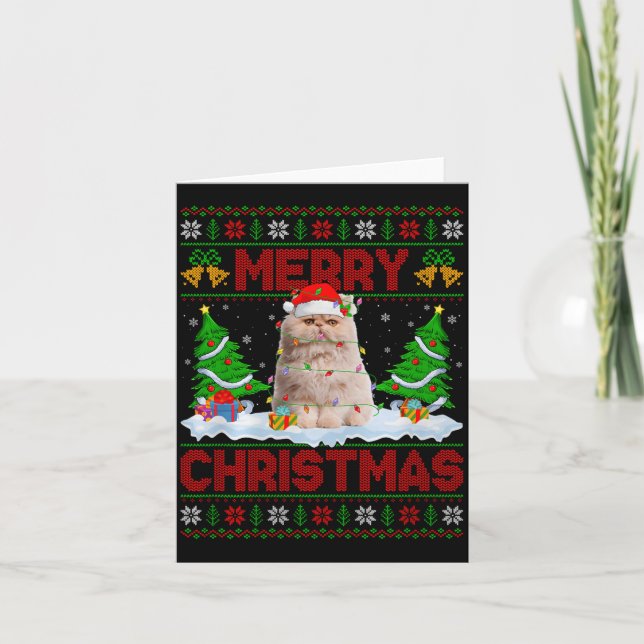 Persian Cat Ugly Xmas Sweater Funny Animal Lights  Card (Front)