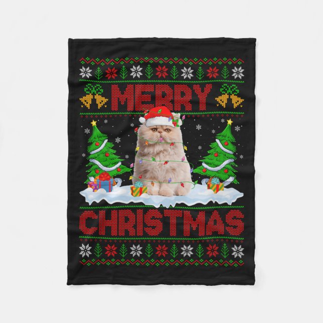 Persian Cat Ugly Xmas Sweater Funny Animal Lights  Fleece Blanket (Front)