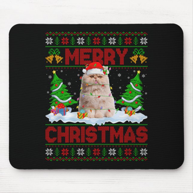 Persian Cat Ugly Xmas Sweater Funny Animal Lights  Mouse Mat (Front)