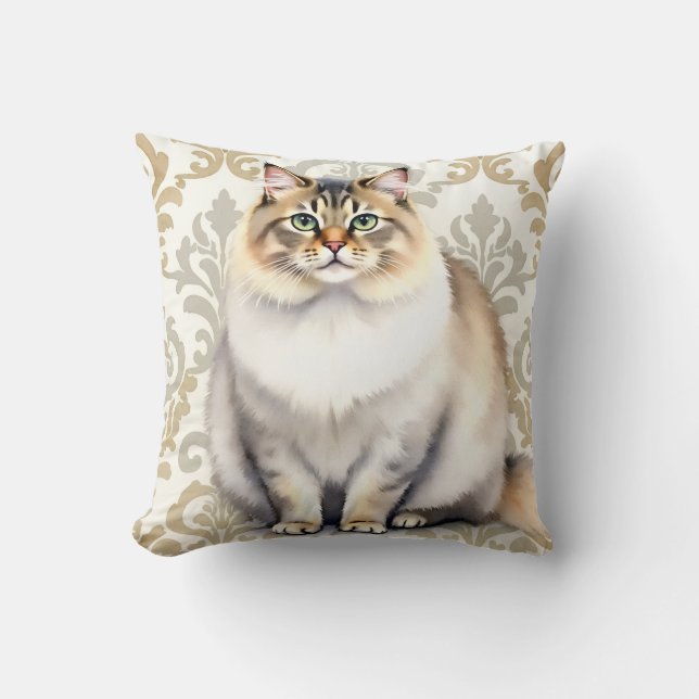 Persian Cat Watercolor Damask Pattern Art Cushion (Front)