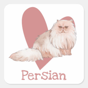 Persian Cat Watercolor Kitty Pink Heart Square Sticker