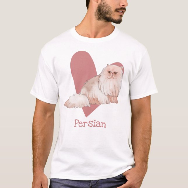 Persian Cat Watercolor Kitty Pink Heart T-Shirt (Front)