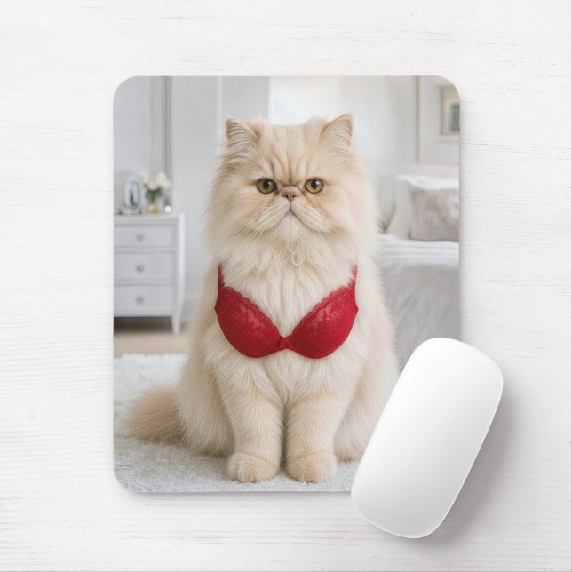 Persian Cat Wearing a Red Bra Mouse Mat (With Mouse)