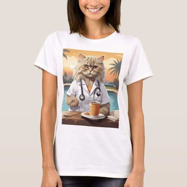 Persian Cat Wearning Drinking Coffee T-Shirt (Front)