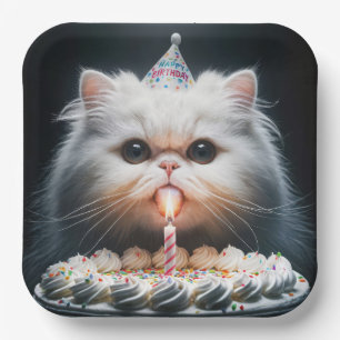 Persian Cat With a Birthday Cake Paper Plate