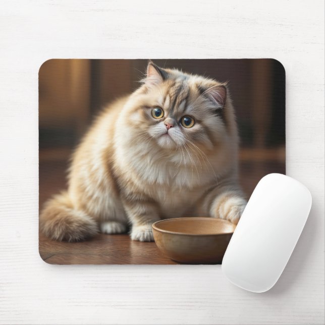 Persian Cat With An Empty Food Bowl Mouse Mat (With Mouse)