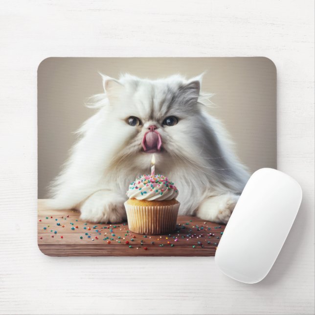 Persian Cat With Birthday Cupcake Mouse Mat (With Mouse)