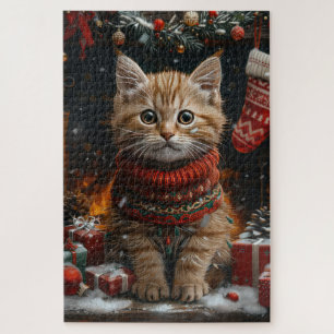 Persian Cat With Christmas Gifts Fireplace Jigsaw Puzzle
