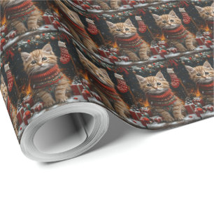 Persian Cat With Christmas Gifts Fireplace Wrapping Paper