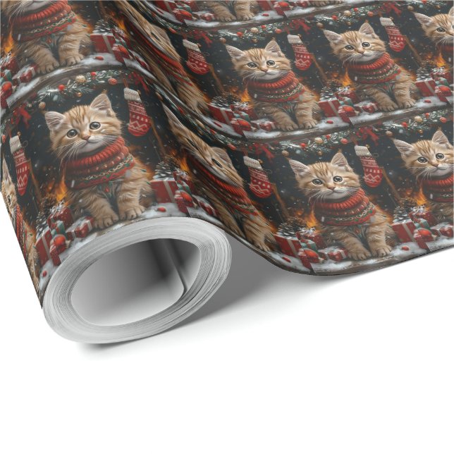 Persian Cat With Christmas Gifts Fireplace Wrapping Paper (Roll Corner)