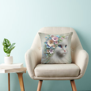 Persian Cat With Floral Laurel Cushion