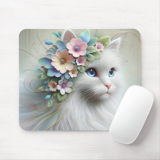 Persian Cat With Floral Laurel Mouse Mat (With Mouse)