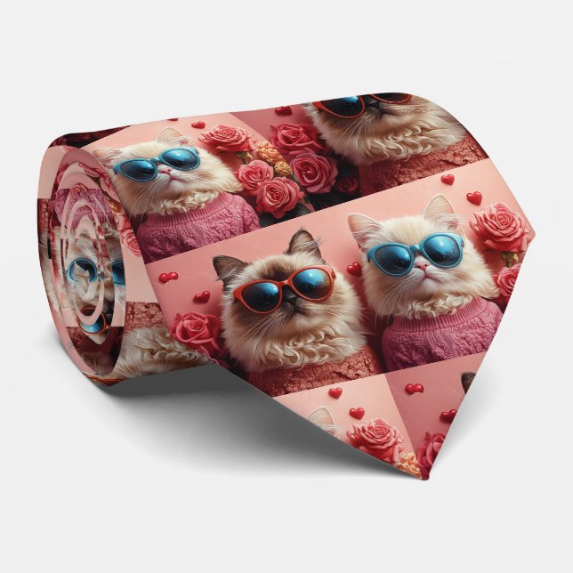 Persian Cat with Heart Roses Valentine's Day Tie (Rolled)