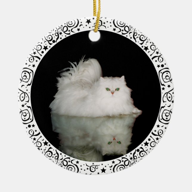 Persian Cat with Jade Green Eyes Ceramic Tree Decoration (Front)