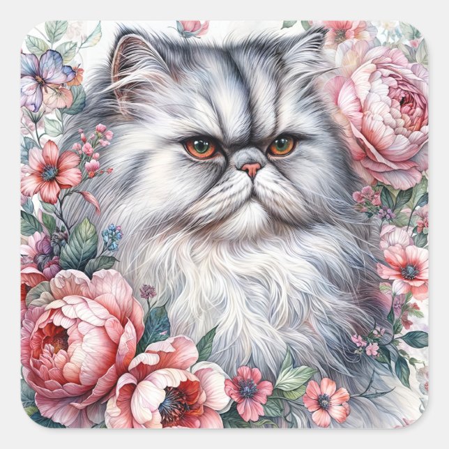 Persian Cat with Pink Floral Frame Square Sticker (Front)
