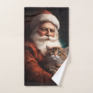 Persian Cat With Santa Claus Festive Christmas  Bath Towel Set