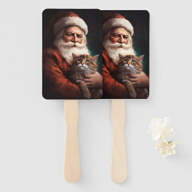 Persian Cat With Santa Claus Festive Christmas  Hand Fan (Front and Back)