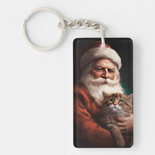 Persian Cat With Santa Claus Festive Christmas  Key Ring (Front)