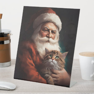 Persian Cat With Santa Claus Festive Christmas  Pedestal Sign