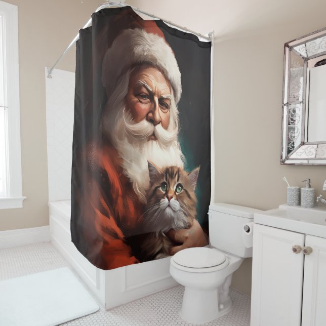 Persian Cat With Santa Claus Festive Christmas  Shower Curtain (In Situ)