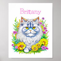 Persian Cat Yellow and Pink Flowers Personalised