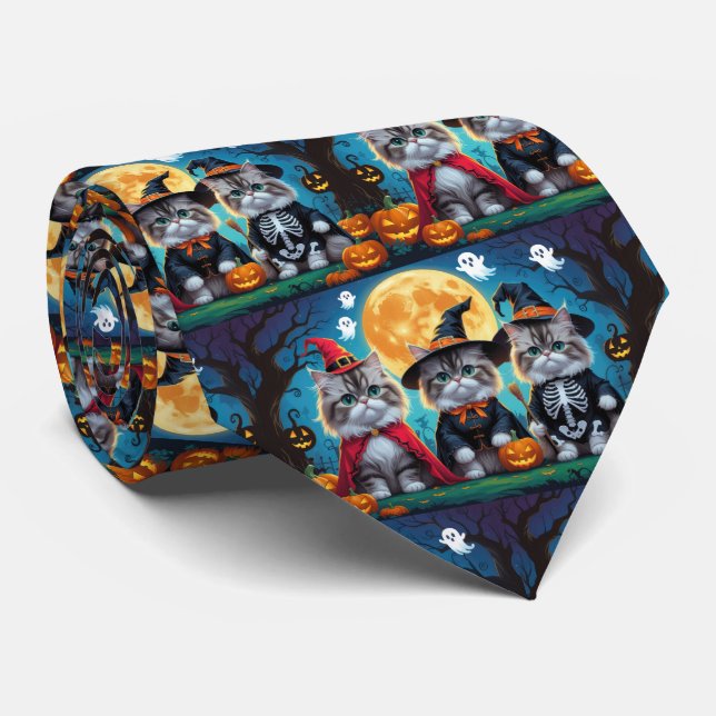 Persian Cats Pumpkin Halloween Funny Tie (Rolled)
