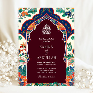 Persian Floral Inlay Burgundy Muslim Wedding Invitation