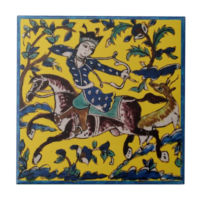 Persian Horseman Deer Hunter 19th Century Repro Tile (Front)