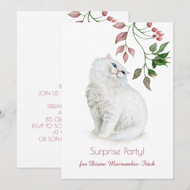 Persian Kitten Pink Green Floral Birthday Party Invitation (Front/Back)