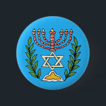 Persian Magen David Menorah 6 Cm Round Badge<br><div class="desc">This image was adapted from an antique Persian Jewish tile and features a menorah with a Magen David (Star of David) framed by olive branches.  The imperfections of the original,  hand-painted image have been preserved.</div>