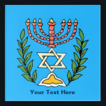 Persian Magen David Menorah Acrylic Print<br><div class="desc">This image was adapted from an antique Persian Jewish tile and features a menorah with a Magen David (Star of David) framed by olive branches.  The imperfections of the original,  hand-painted image have been preserved. Customise by adding your own text.</div>