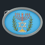 Persian Magen David Menorah Belt Buckle<br><div class="desc">This image was adapted from an antique Persian Jewish tile and features a menorah with a Magen David (Star of David) framed by olive branches.  The imperfections of the original,  hand-painted image have been preserved.</div>