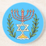 Persian Magen David Menorah Coaster<br><div class="desc">This image was adapted from an antique Persian Jewish tile and features a menorah with a Magen David (Star of David) framed by olive branches.  The imperfections of the original,  hand-painted image have been preserved.</div>